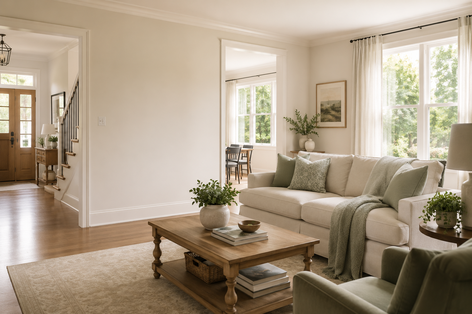 Bright, freshly cleaned living room with soft sage accents