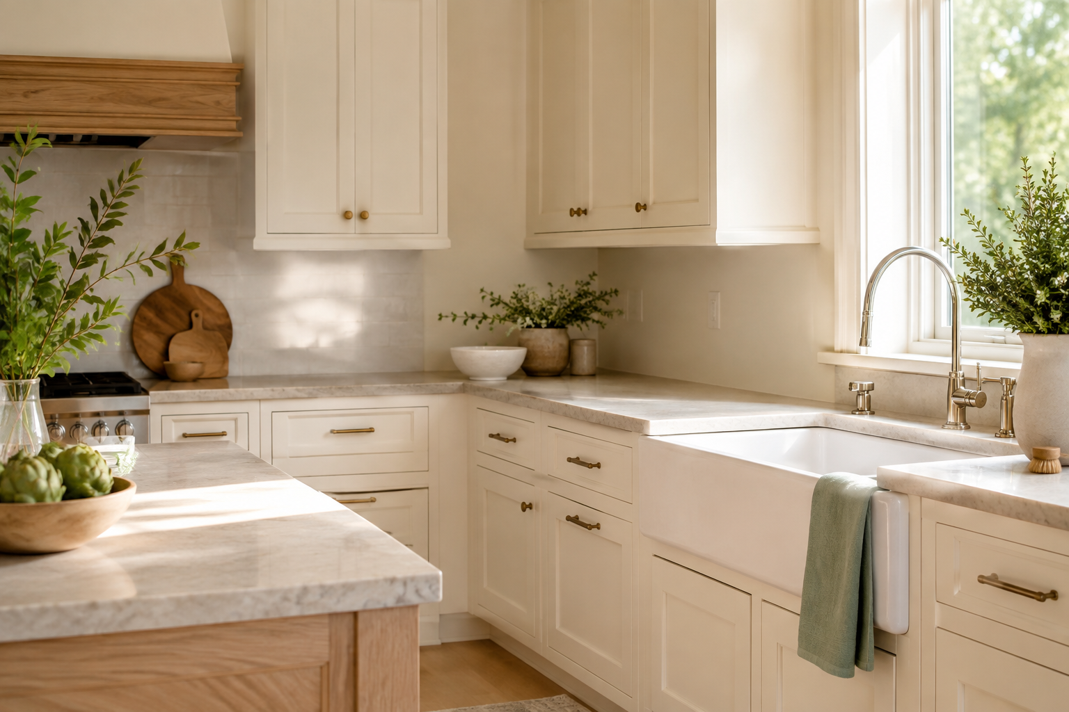 Sparkling clean cream kitchen with sage accents